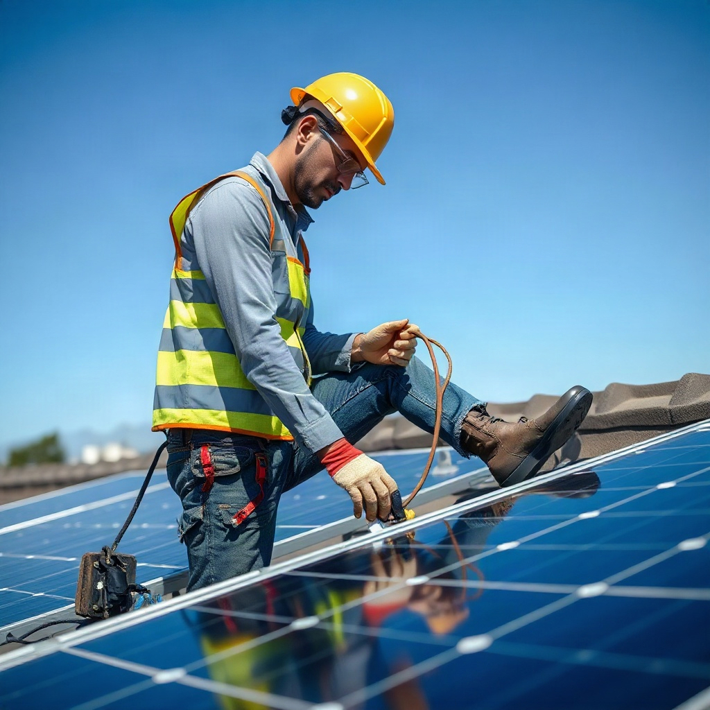 Licensed electrician in safety gear working on solar panel wiring connections on a rooftop