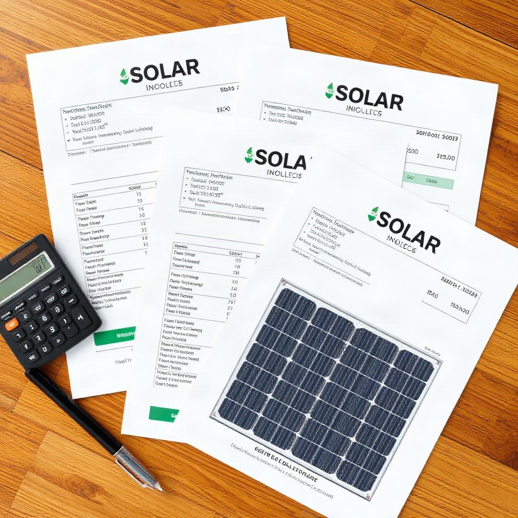 Three solar installation quotes or invoices spread on a table with calculator and pen