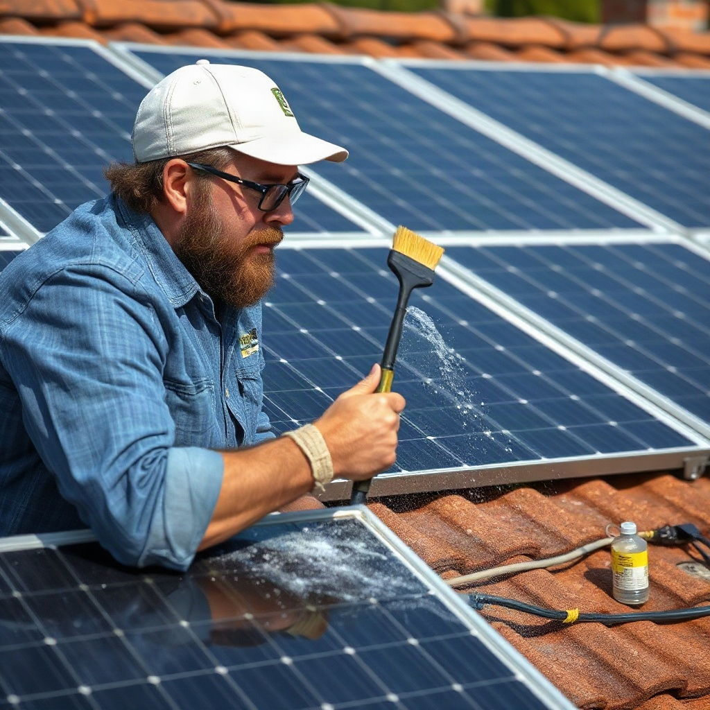 Homeowner with soft brush and water cleaning dust and debris from solar panels on roof