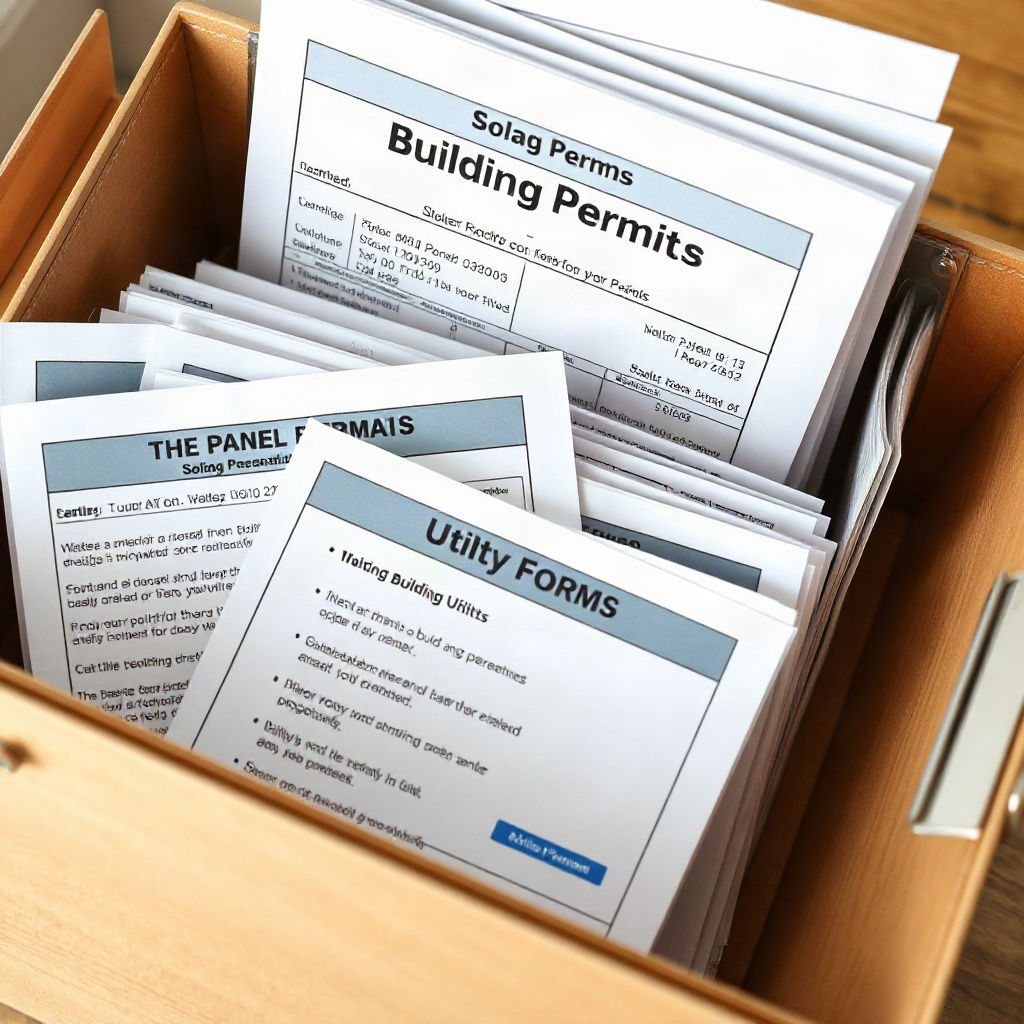 Organized folder or file with building permits, solar forms, and utility paperwork neatly arranged